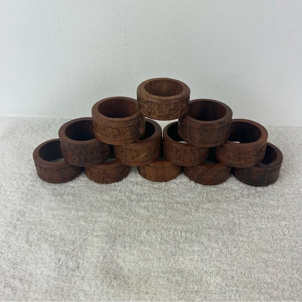 VTG Carved Boho Design Wood Napkin Rings Holder - 2 unique designed sets of 6